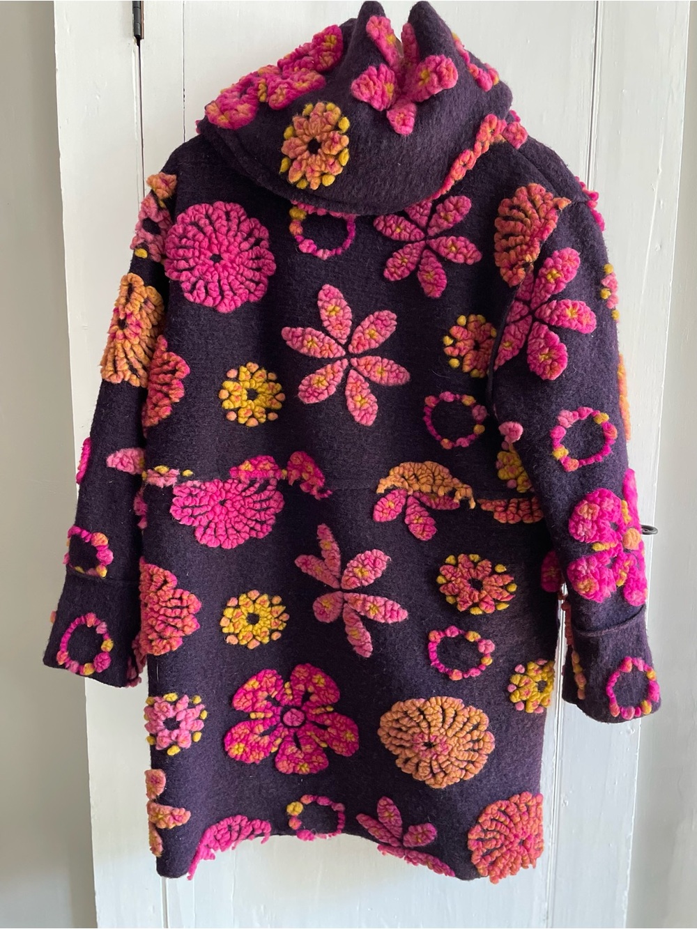 Made In Italy 3D Textured Floral Bobble Knit Felted Appliqués Hooded Coat NWT - Picture 2 of 6